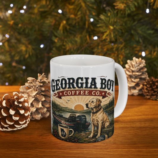 Georgia Boy Coffee Ceramic Mug — Rustic Lake, Boat & Dog Design (11oz & 15oz)