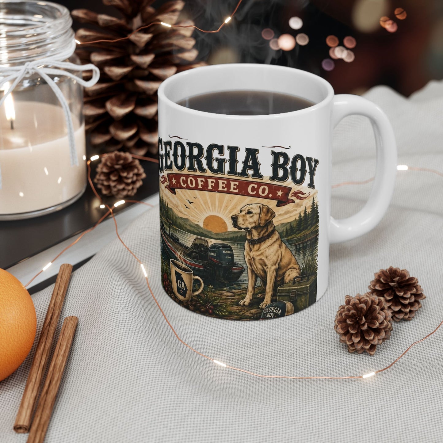 Georgia Boy Coffee Ceramic Mug — Rustic Lake, Boat & Dog Design (11oz & 15oz)