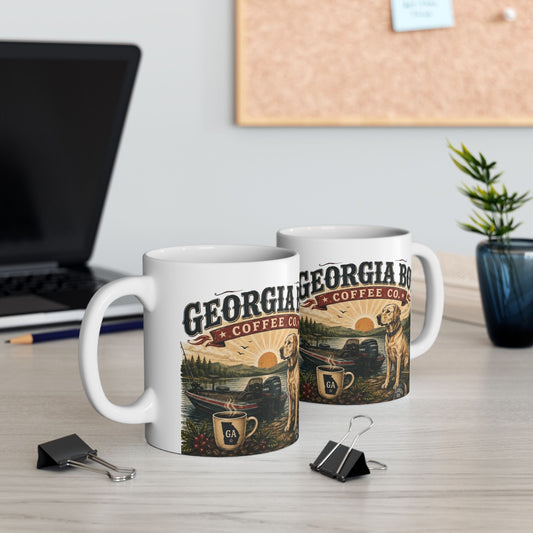 Georgia Boy Coffee Ceramic Mug — Rustic Lake, Boat & Dog Design (11oz & 15oz)